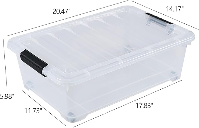20 Quart Stackable Plastic Under Bed Bins with Lid, Set of 4 Clear Latch Storage Container with Wheels