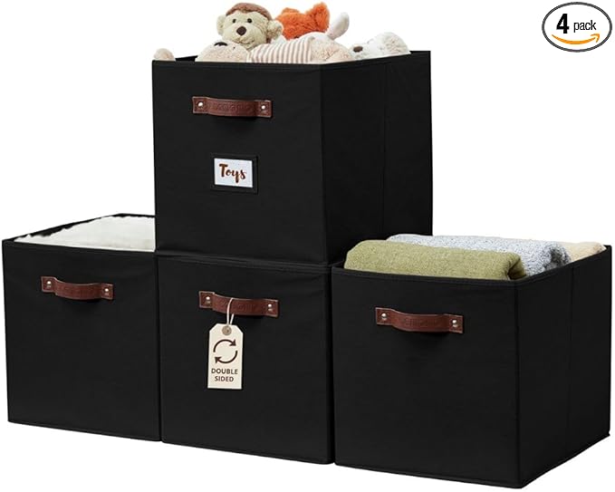 DECOMOMO Storage Baskets, 13x15x13 Storage Cube Bins with Labels for Organizing Shelves Kallax (Kallax / 4pcs, Black)