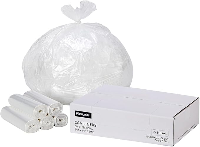 7-10 Gallon Clear Trash Can Liners, 24'' x 24'', Wholesale 1000 Count, High Density Garbage Bags for Office, Bathroom, Commercial and Industrial Use