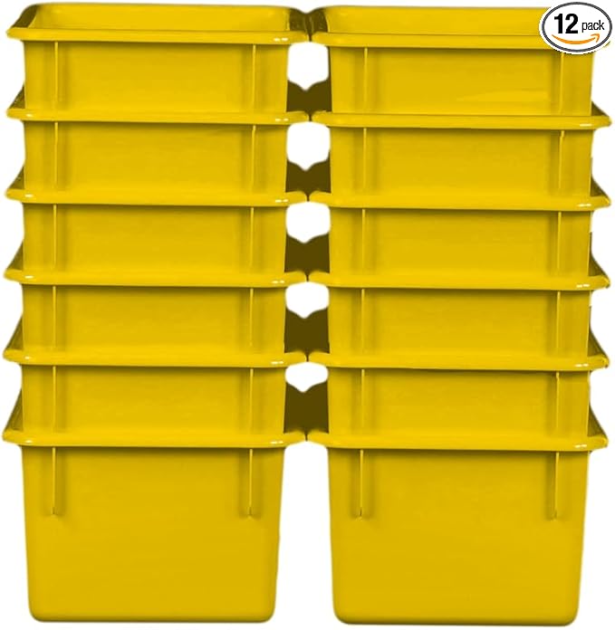 Wood Designs Cubby Storage Bin, Heavy Duty Plastic Containers for Kids Yellow Cubby Tray Set of 12