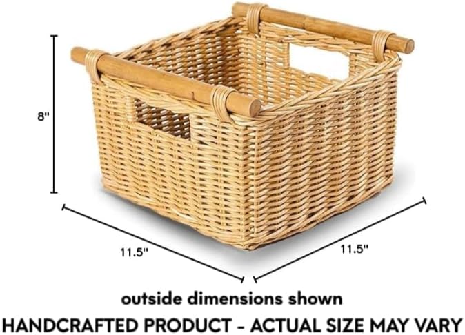 The Basket Lady Deep Pole Handle Wicker Storage Basket, Small, 11.5 in L x 11.5 in W x 8 in H, Sandstone
