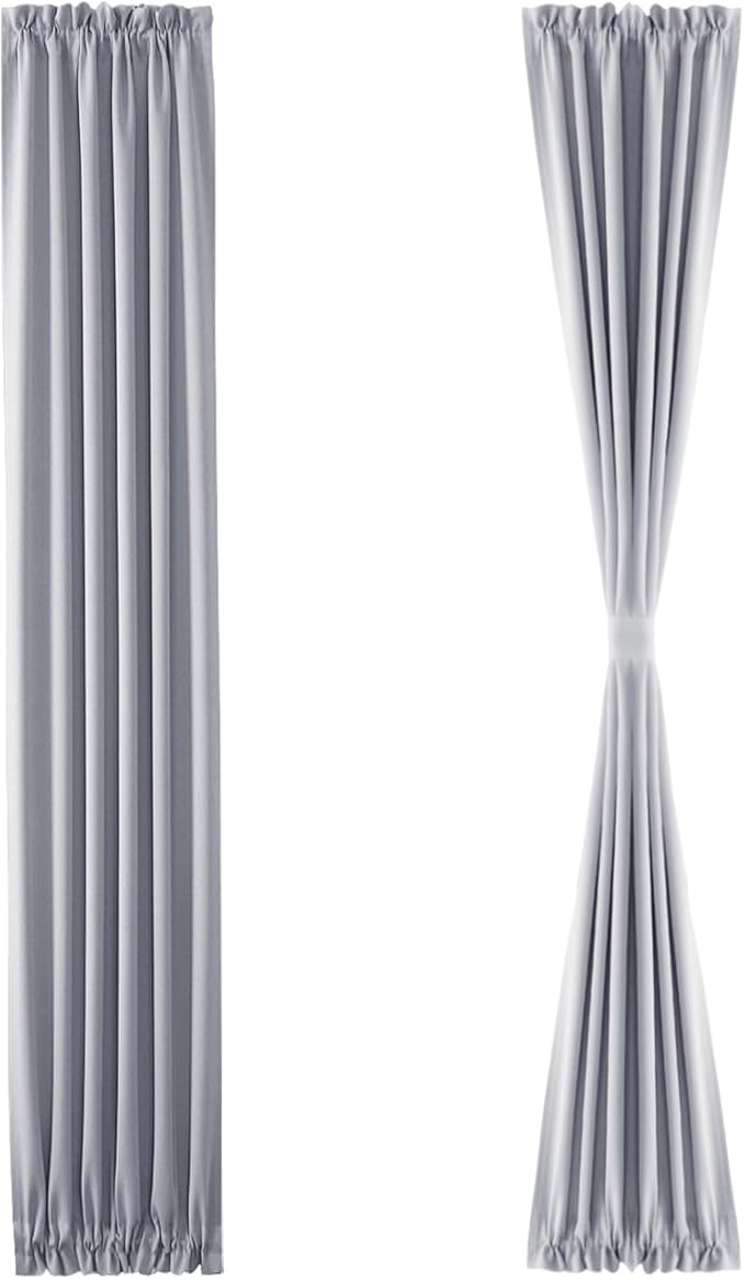 DWCN French Door Curtains – Rod Pocket Thermal Blackout Curtain for Doors with Glass Window, Kitchen and Patio Doors for Privacy, 12 X 72 Inches Long, 1 Curtain Panel with Tieback, Silver Grey
