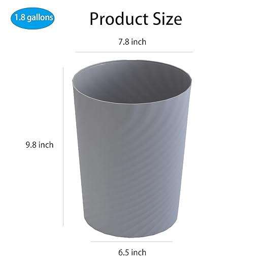 UUJOLY Plastic Small Trash Can Wastebasket, Garbage Container Basket for Bathrooms, Laundry Room, Kitchens, Offices, Kids Rooms, Dorms, (Grey, 1.8 Gallon)