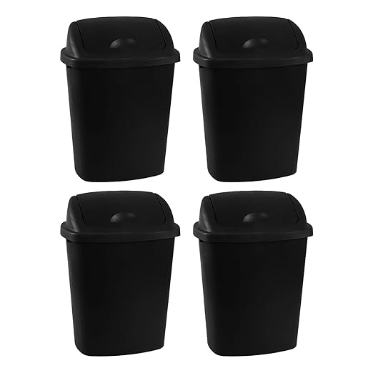 4 Pack Swing Top Trash Can, 6 Gallon Plastic Garbage Bins with Swing Lid, Black