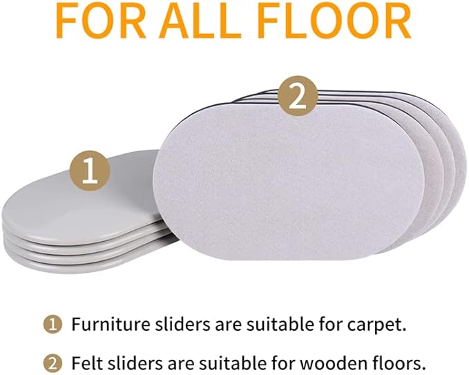 Ezprotekt 8 Pack Reusable Large Furniture Movers Sliders for Carpet and Hardwood Floors, 9-1/2" x 5-3/4" Oval Heavy Duty 4 Pcs Felt Sliders Hard Surfaces - 4 Pcs Plastic Furniture Pad Carpet (Beige)