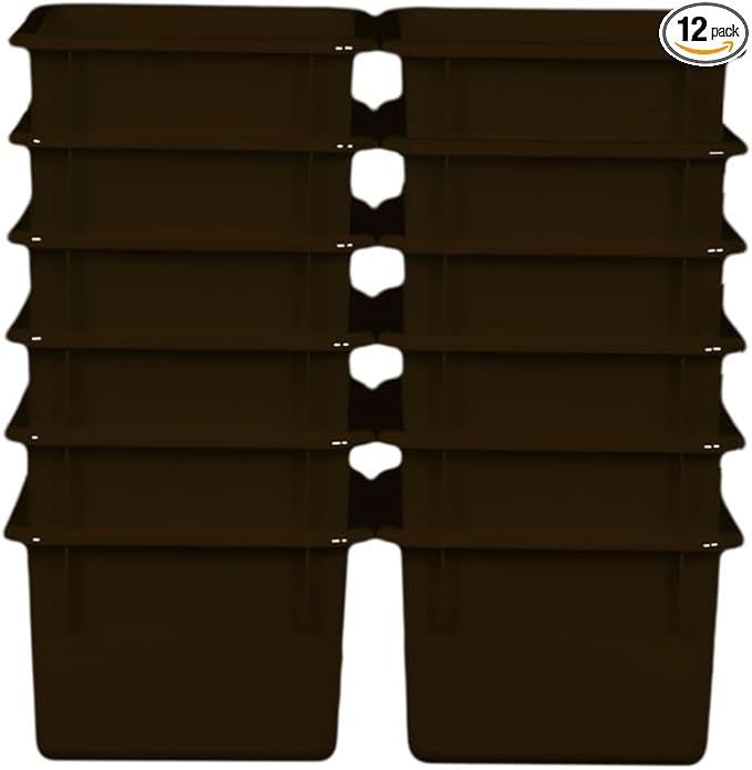 Wood Designs Cubby Storage Bin, Heavy Duty Plastic Containers for Kids Brown Cubby Tray Set of 12