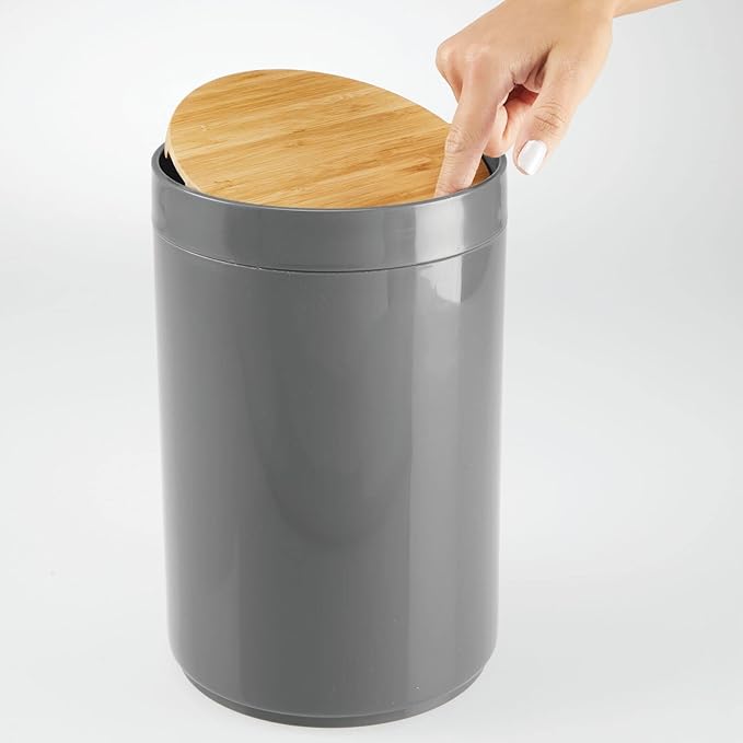 mDesign Plastic Round Trash Can Small Wastebasket - Garbage Bin Container with Swing-Close Lid - Bathroom Garbage Basket - Holds Waste, Recycling - 1.3 Gallon - Basa Collection - Charcoal Gray/Natural