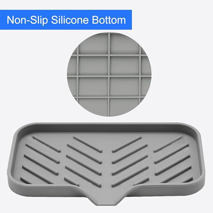 Sponge Holder for Kitchen Sink, Silicone Sponge Dish Tray with Drain Spout, Soap Dispenser Holder for Shower Bathroom (Grey, 9.8" x 4.9")