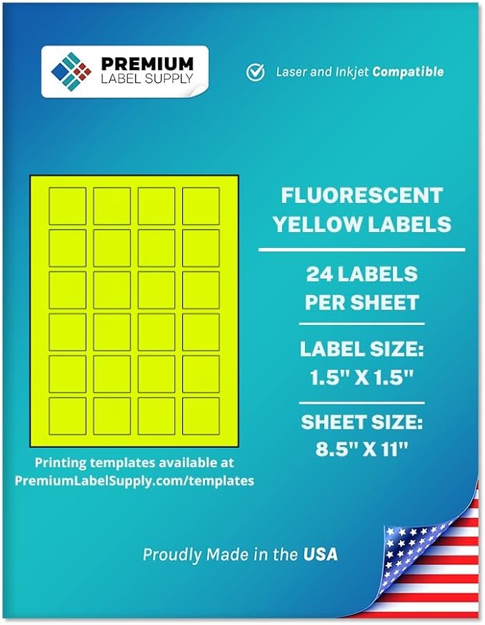 Premium Label Supply Bright Neon Color Fluorescent Sticker Labels - 1.5" x 1.5" Square Labels - (Fluorescent Yellow, 24,000 Labels)