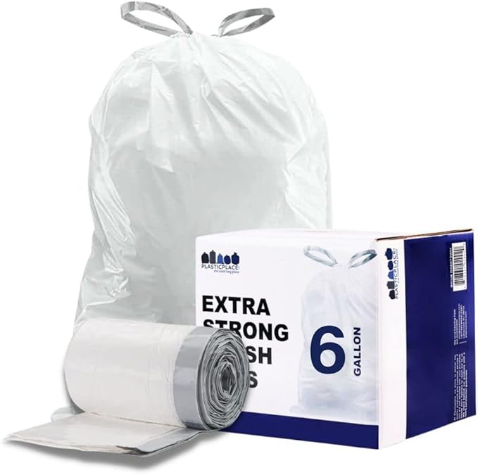 Plasticplace 4 - 6 Gallon White Drawstring Bags, 100% Prime Material, 17x20, 0.7 Mil, 200/Case