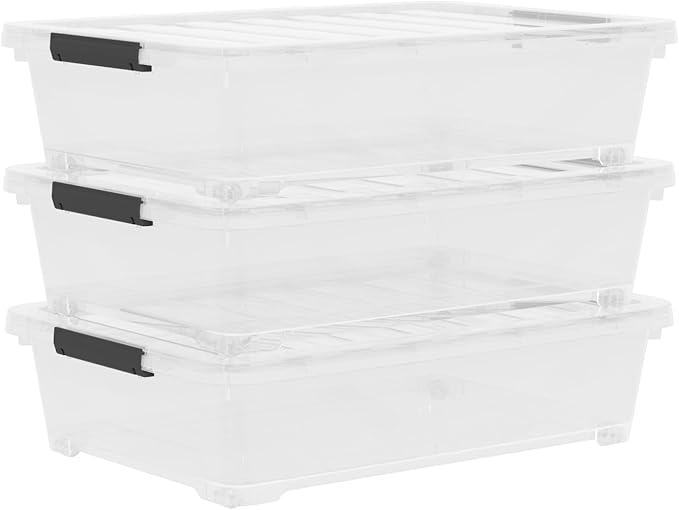 4 Packs Under Bed Storage Containers with Clear Lid, Large Stackable Plastic Latching Bins with Rolling Wheels, 40 Quart
