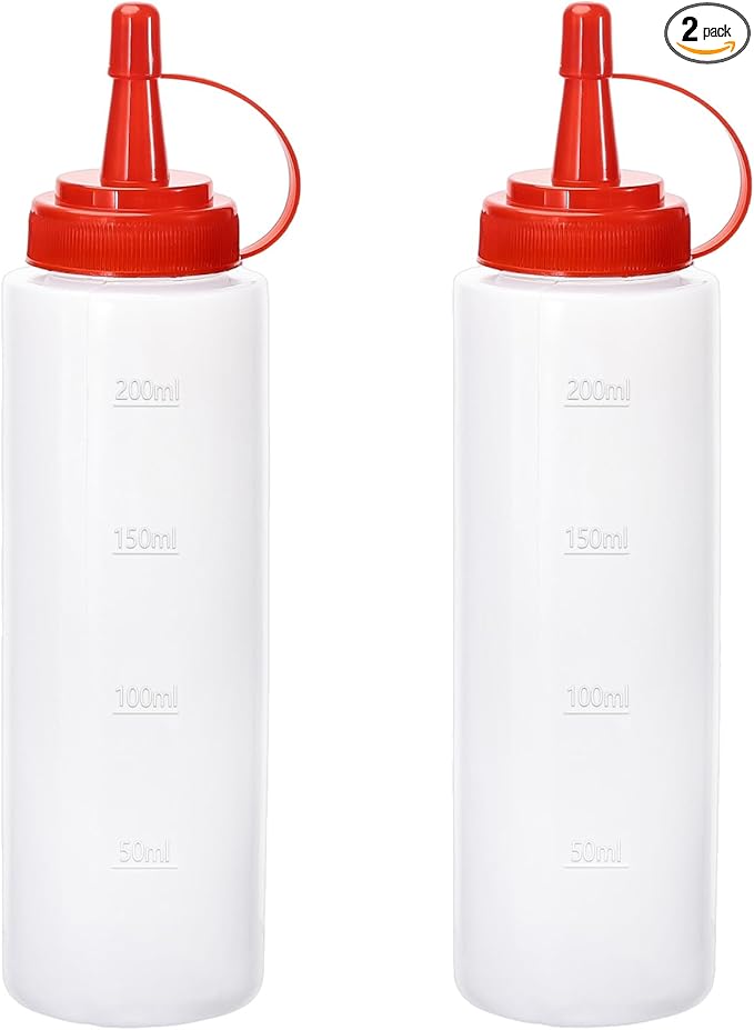 Condiment Squeeze Bottles Ketchup Dispenser, 2 Pack 8oz Squeeze Bottles for Liquids, Plastic Sauce Bottle with Cap Lid, Squirt Bottles for Sauces Liquids BBQ Dressing Pancake Art