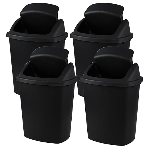 Teyyvn 6 Gallon Plastic Flip Lid Trash Can for Kitchen, Black Plastic Garbage Bin with Swing Lid, Pack of 4
