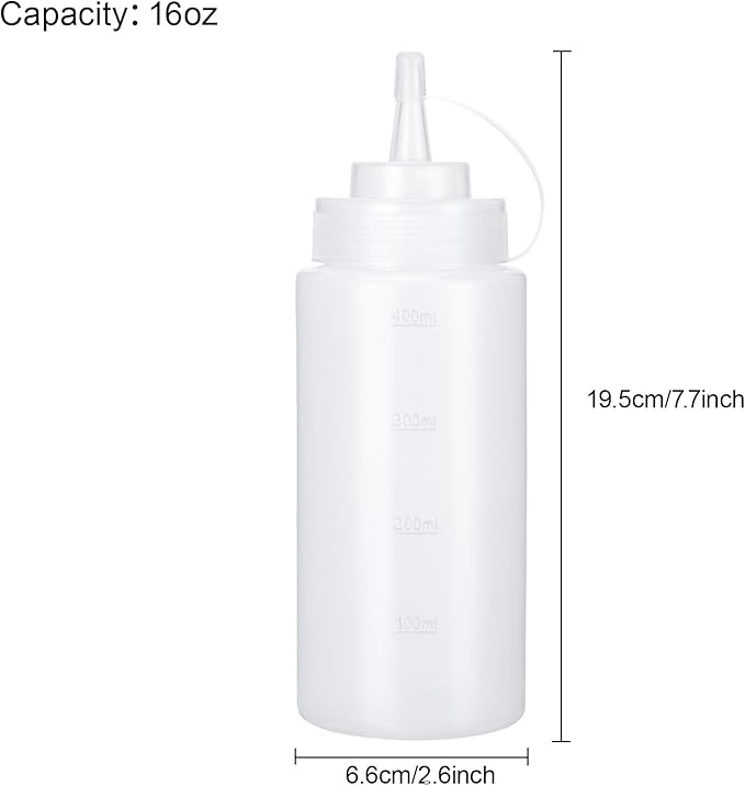 Condiment Squeeze Bottles Ketchup Dispenser, 4 Pack 16oz Squeeze Bottles for Liquids, Plastic Sauce Bottle with Cap Lid, Squirt Bottles for Sauces Liquids BBQ Dressing Pancake Art
