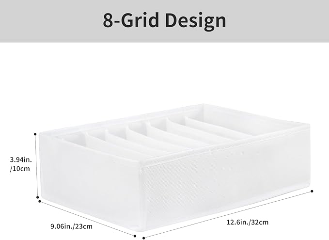 4 Packs T-shirt Drawer Organizers for Clothing,8 Grids Compartment Wardrobe Storage Box, Washable Clothes Organizer for Folded Clothes, T-shirt, Legging, Silk Scarve-White