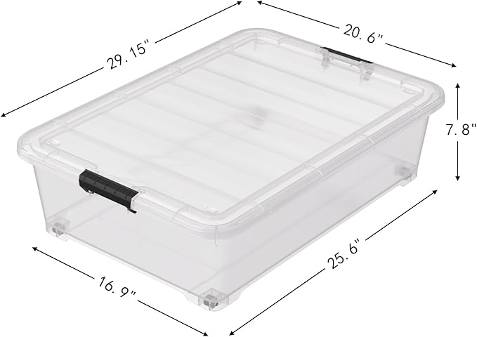 50 Quart Multipurpose Under Bed Storage Container Bins with Secure Latch Lid & Wheels, Underbed Storage Organizer Box, 3-Pack, Clear