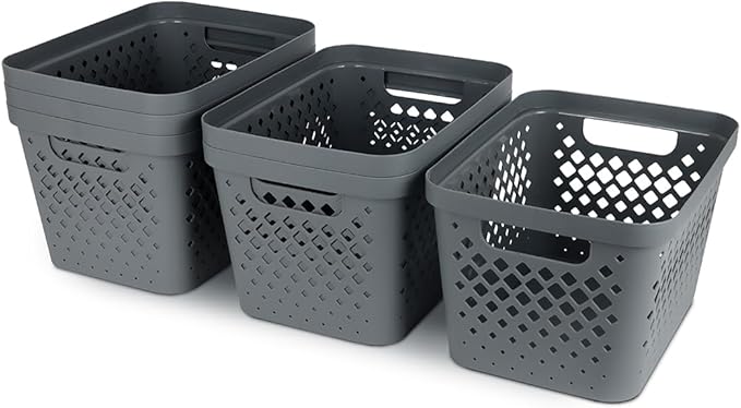 Glad Plastic Storage Basket Set, Value Pack of 6 | Open Storage Bins for Shelves, Bathroom, Pantry, Closet | Nesting Organizer Boxes with Handles, 4 Gallon, Grey