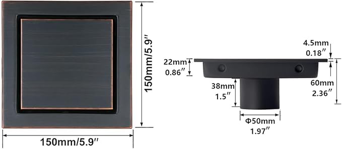 RANDOM Oil Rubbed Bronze Shower Drain Square with Removable Tile Insert Shower Drain Cover and Hair Strainer SUS 304 Stainless Steel 6 inch Shower Floor Drain