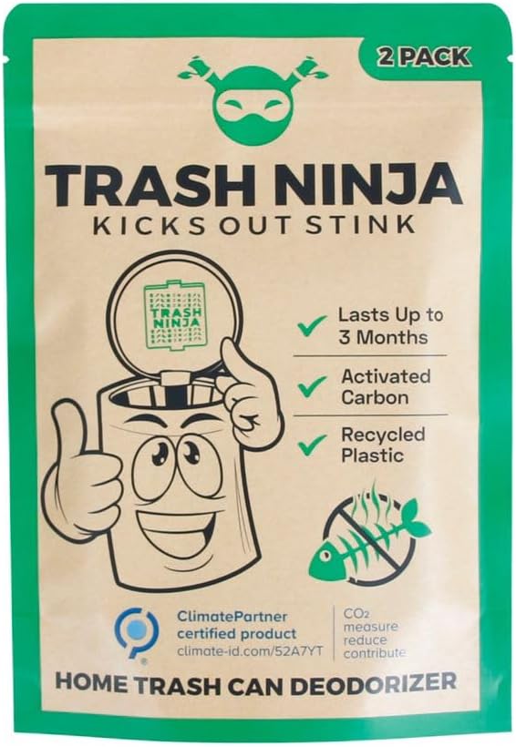 Trash Ninja Trash Can Deodorizer and Odor Eliminator (2 Pack) for Indoor Trash Cans Up to 10 Gallons, Made with Natural Activated Carbon - Lasts Up to 3 Months - Garbage Can Deodorizer to Control Odor