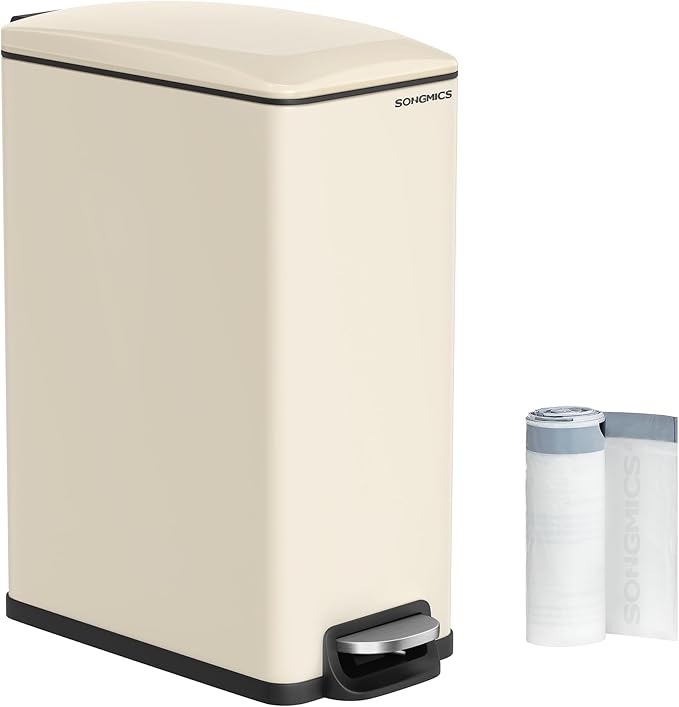 SONGMICS Slim Trash Can, 13-Gallon (50 L) Garbage Can for Narrow Spaces with Soft-Close Lid, Inner Bucket, and Step-on Pedal, Stainless Steel, 15 Trash Bags Included, Sand Beige ULTB510A01