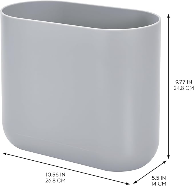 iDesign Cade Oval Slim Trash, Compact Waste Basket Garbage Can for Bathroom, Bedroom, Home Office, Dorm, College, Matte Gray