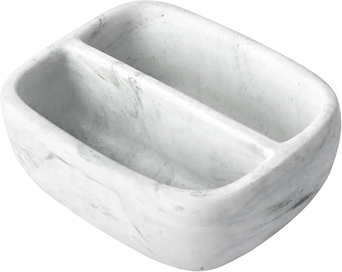 MyGift Modern White Resin Sponge Holder for Kitchen Sink, Countertop Dish Sponge Holder with 2 Compartments and Marble Pattern