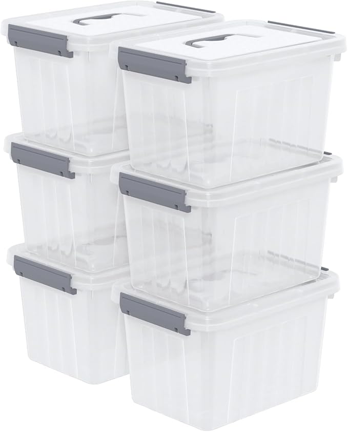 6 Quart Small Clear Plastic Storage Bins with Latching Lids, Storage Latch Box with Handle, 6 Packs