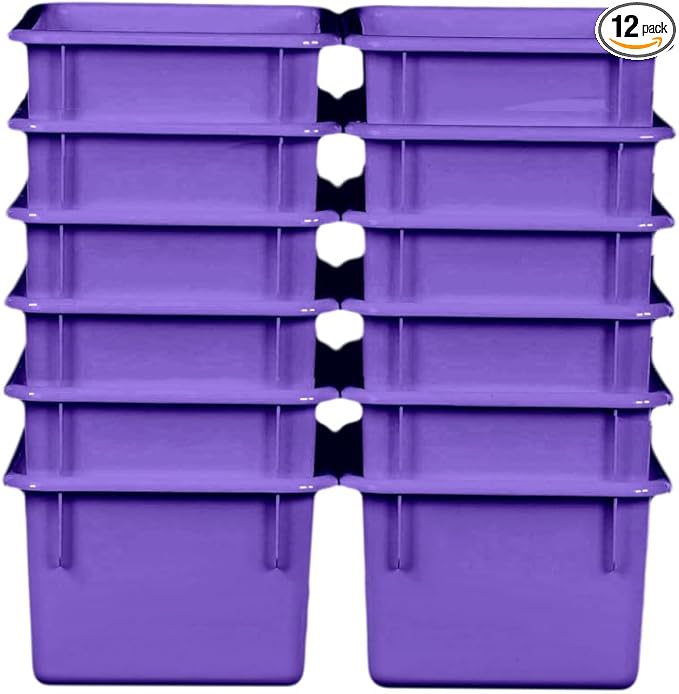 Wood Designs Cubby Storage Bin, Heavy Duty Plastic Containers for Kids Purple Cubby Tray Set of 12