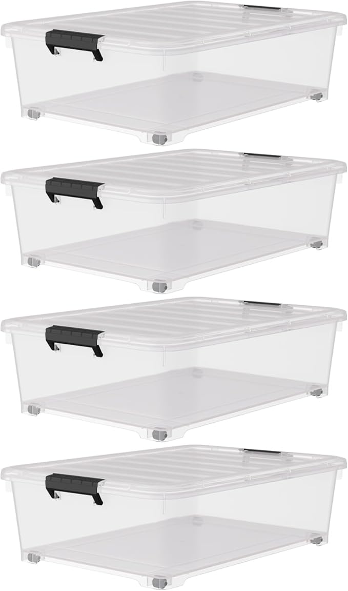 25 Quart Under Bed Clear Latch Bin with Wheel, Plastic Under Bed Storage Box, 4 Pack