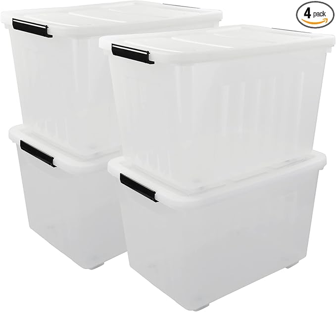 4 Packs 70L Large Plastic Storage Container with Wheels and Latching Lid, Stackable Storage Containers Bin, Clear