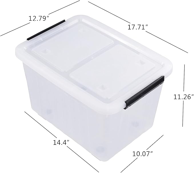 4 Packs 30 L Stackable Plastic Storage Bins with Lids and Wheels, Latching Clear Storage Container Box