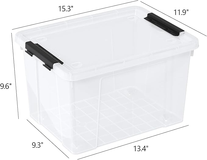 23 L Clear Plastic Storage Box with Lid, Stackable Lidded Storage Bin Container with Wheels and Secure Latching Buckles, 4 Packs
