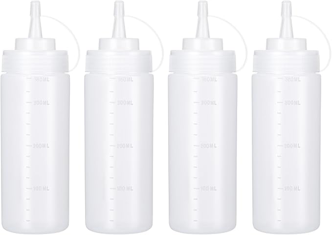 Condiment Squeeze Bottles Ketchup Dispenser, 4 Pack 12oz Squeeze Bottles for Liquids, Plastic Sauce Bottle with Cap Lid, Squirt Bottles for Sauces Liquids BBQ Dressing Pancake Art