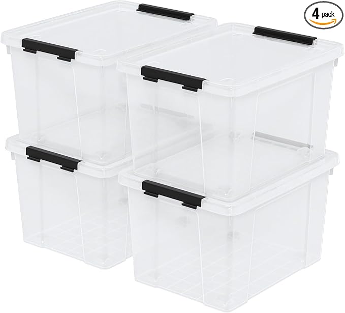 Zopnny 40 Quart Clear Latching Box with Wheels, Plastic Storage Containers with Lids, 4 Pack