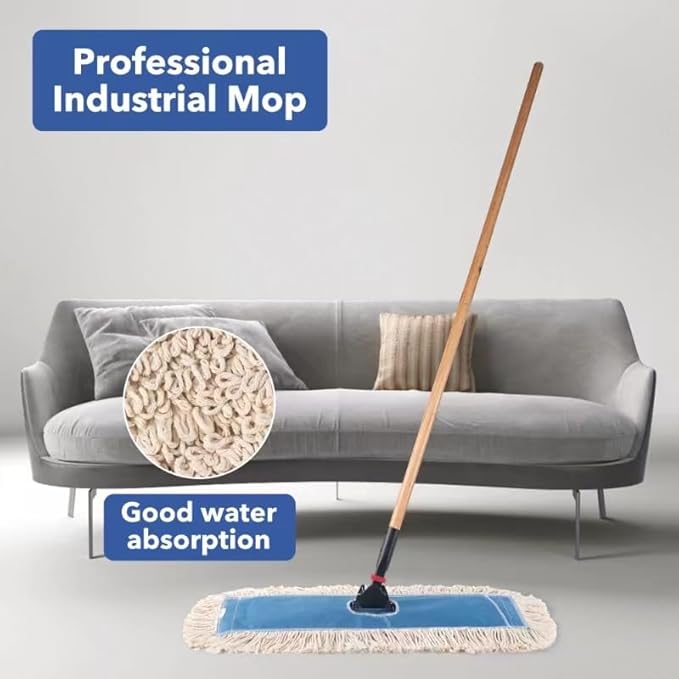 Matthew Cleaning 24'' Industrial Strength Cotton Dust Mop Refill Washable Replacement Heads for Residential & Commercial Use Fit Standard Dust Mop Frames, Hardwood,Concrete Floors Blue&White 3 Pack