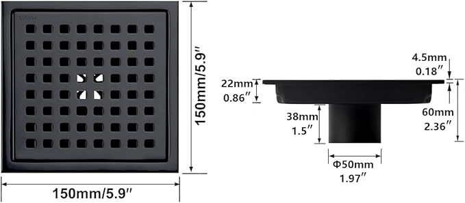 RANDOM Matte Black Square Shower Drain 6 Inch Drain Cover 304 Stainless Steel Floor Drain Grate with Removable Hair Strainer,6" Black Shower Drain