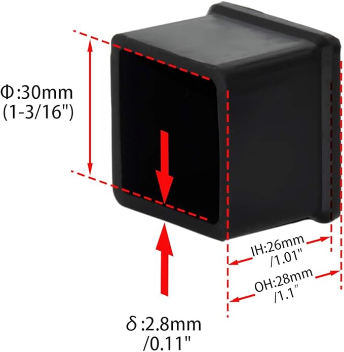 Flyshop Durable Non-Marking Silicone Chair Leg Caps Tips Floor Protectors Square Furniture Table Leg Covers, 20pcs, Black, 30 mm x 30 mm, 1-3/16" x 1-3/16"