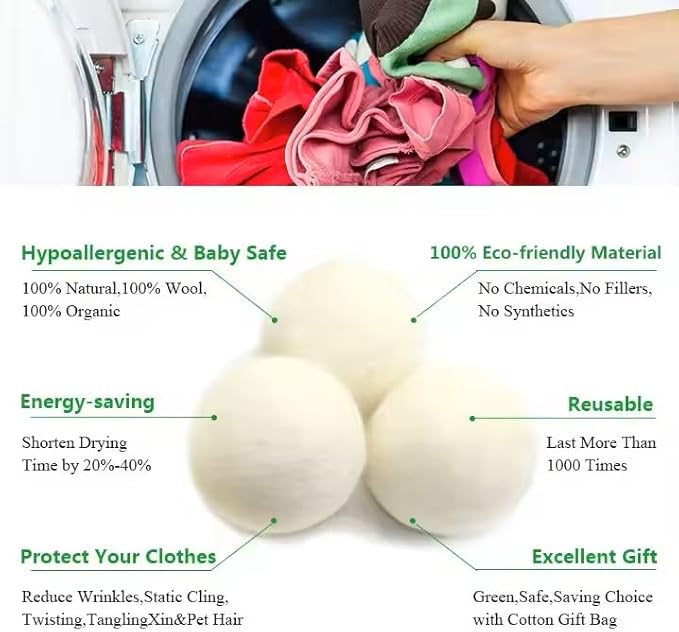 Organic Wool Dryer Balls: Eco-Friendly & Chemical-Free | Our Anti-Entanglement Reusable Balls Eliminate Wrinkle Static | 6-Pack XL Dryer Balls for Laundry is Made with New Zealand Wool (MER-White)