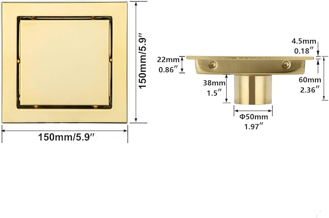 RANDOM Brushed Gold Shower Drain Square 6 inch SUS304 Stainless Steel Shower Floor Drain with Hair Strainer Tile Insert Shower Drain Cover