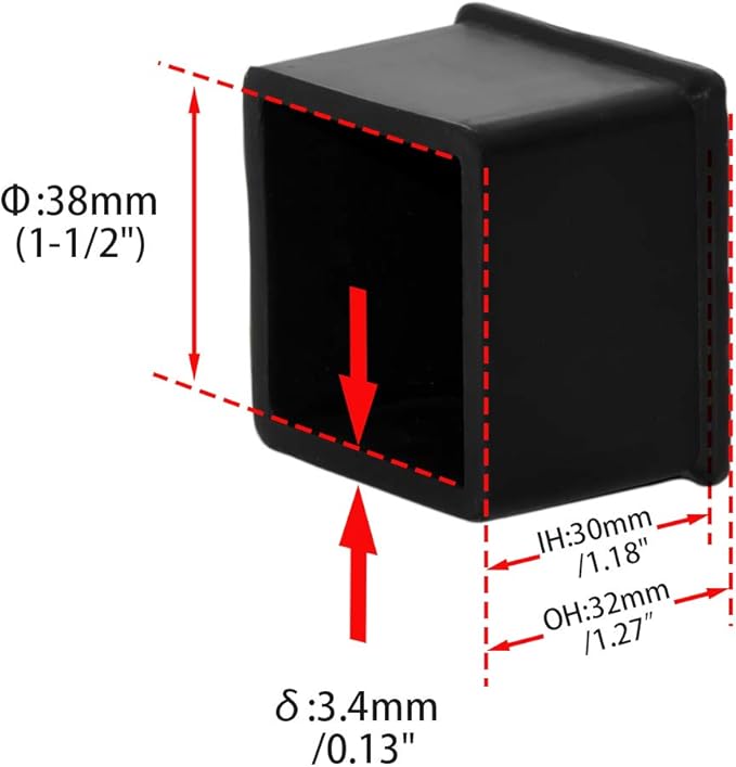 Flyshop Durable Non-Marking Silicone Chair Leg Caps Tips Floor Protectors Square Furniture Table Leg Covers, 20pcs, Black, 38 mm x 38 mm, 1-1/2" x 1-1/2"