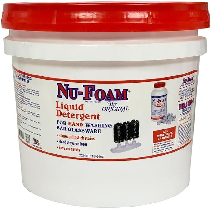 Nu-Foam Liquid Detergent for Bar Glassware – Original Streak-Free Solution - Hand Washing Bar, Tavern, Brewery Supplies - Spotless Serving Glasses - Concentrated - Easy On Hands - 3.5 Gallon Pail