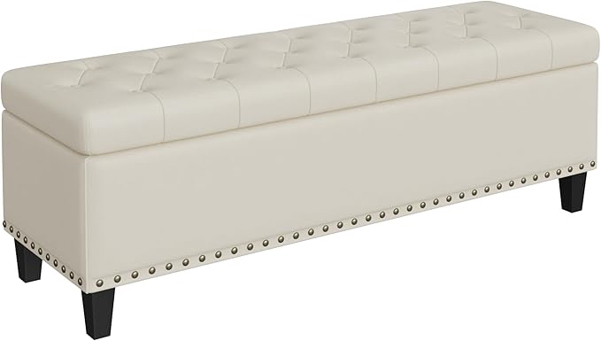 Storage Ottoman Bench, 51-Inch Large Storage Bench for Bedroom End of Bed, 30 Gallons Faux Leather Bench for Bedroom, Living Room, Entryway, Hallway, Cream White