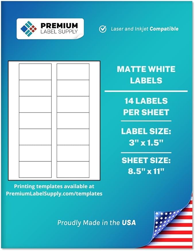 Premium Label Supply White Sticker Bottle Labels – 3" x 1.5" – Laser/Inkjet Compatible – (14 per Sheet), 100 Sheets – 1400 Total Adhesive Labels