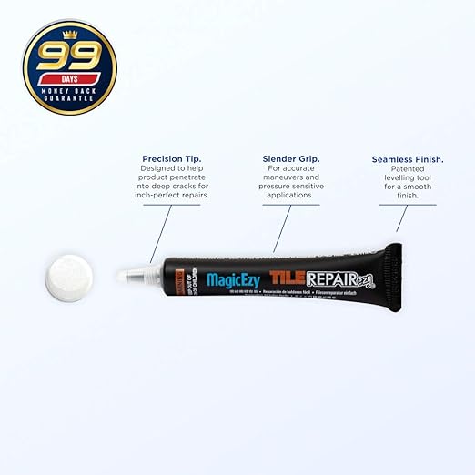 MagicEzy Tile Repairezy (Metallic White) -Fix Chipped Tiles Fast - Thick Ceramic Repair Filler Ideal for Holes, Gouges, Porcelain, Acrylic, Vinyl