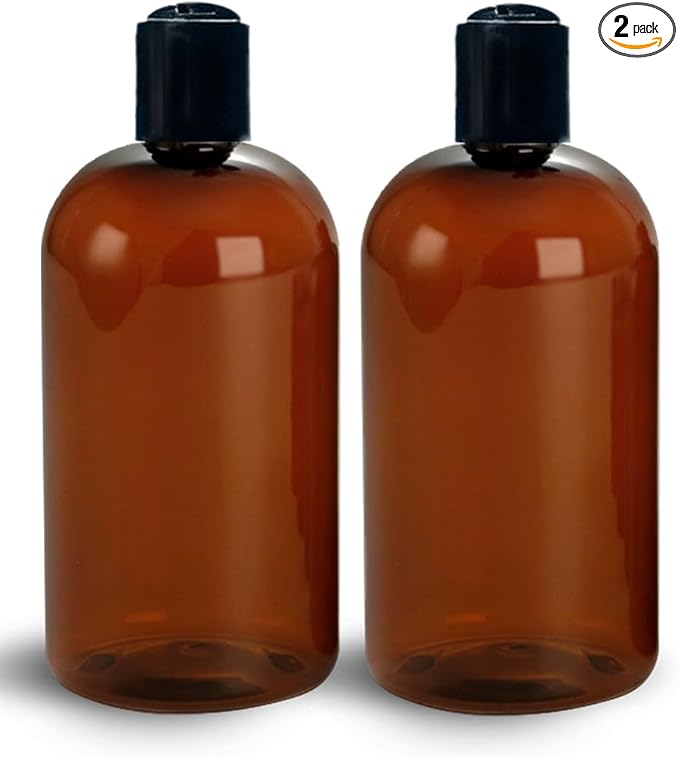 ljdeals 16 oz Amber Plastic Empty Bottles with Black Disc Top Caps, Refillable Containers for Shampoo, Lotions, Cream and More, BPA Free, Pack of 2, Made in USA