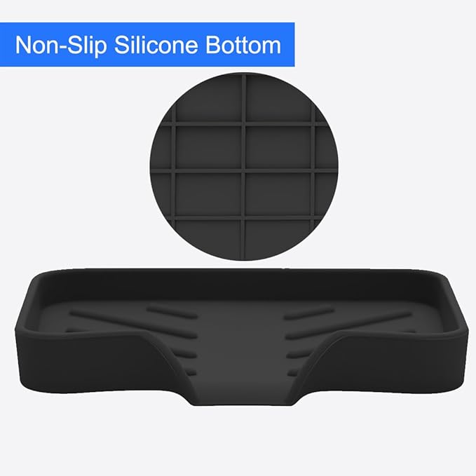 Sponge Holder with Drain Spout, Silicone Sponge Tray for Kitchen Sink, Rubber Soap Dish for Shower Bathroom (Black, 4.7" x 3.6")