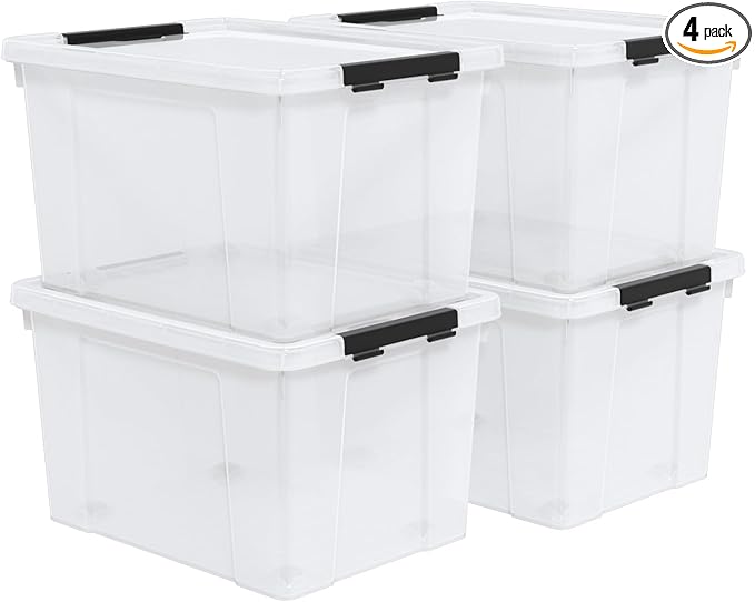 Set of 4 50 L Stackable Plastic Storage Container with Latching Lids and Wheels, Clear Home Garage Organization Bins Box, See-Through