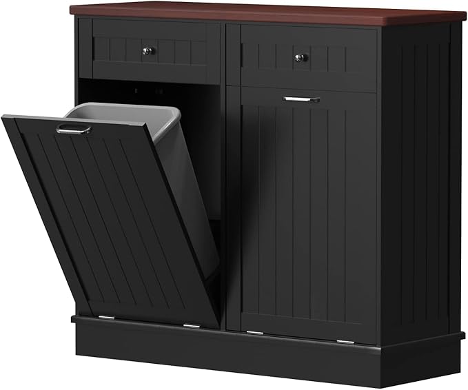 Betterhood Tilt Out Trash Cabinet 10 Gallon Wooden Free Standing Laundry Sorter Cabine,Recycling Cabine with Hideaway Drawer,Tilt Out Trash Cabinet Can Bin Kitchen
