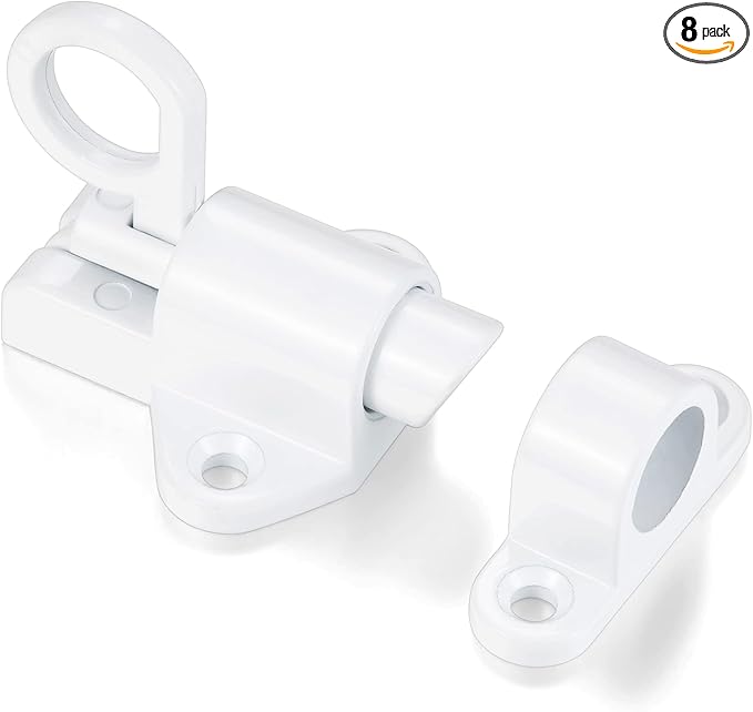 8 Packs Self-Closing Latches，White Spring Door Lock，Resilient Bolt Latch Aluminum Alloy Safety Automatic Spring Barrel Slide Door Lock with Screws,Used for Gate,Window and Cabinet etc