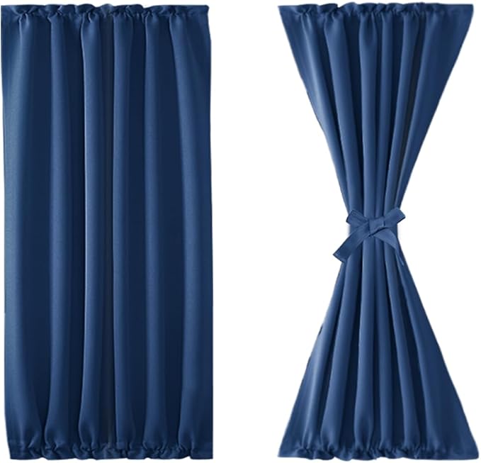 DWCN French Door Curtains – Rod Pocket Thermal Blackout Curtain for Window/Patio Doors/Doorways/Classroom/Kitchen for Privacy, 25W by 40L Inches, 1 Panel with Tieback, Classic Blue